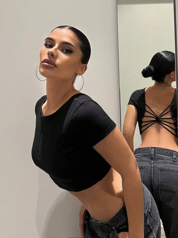 Solid Criss Cross Backless Crop Tee