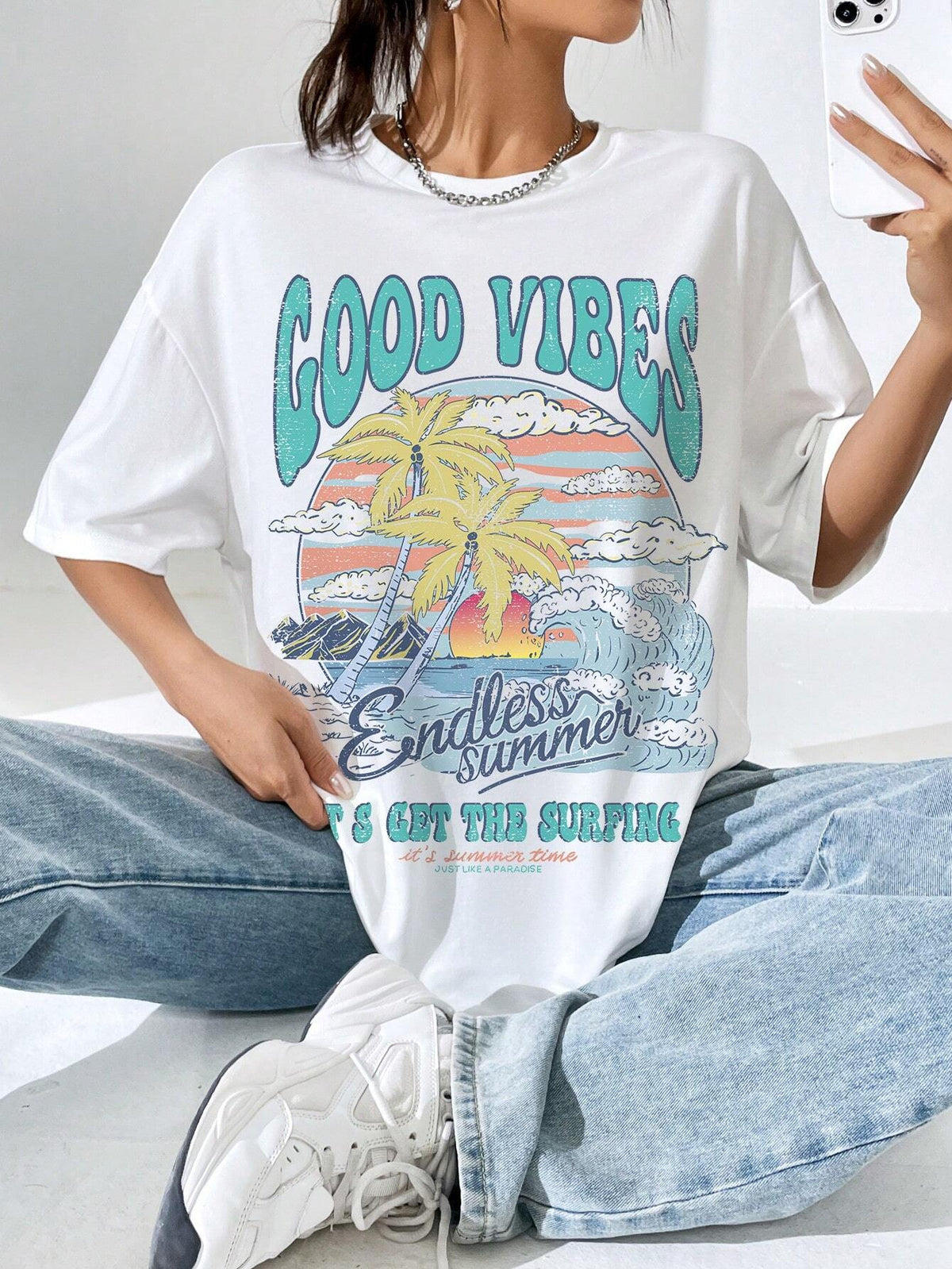 EZwear Palm Tree & Slogan Graphic Drop Shoulder Tee