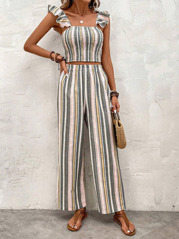 Striped Print Ruffle Trim Crop Top & Wide Leg Pants