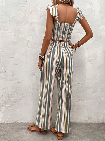 Striped Print Ruffle Trim Crop Top & Wide Leg Pants