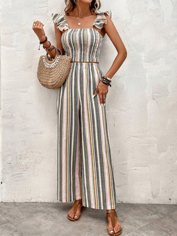 Striped Print Ruffle Trim Crop Top & Wide Leg Pants