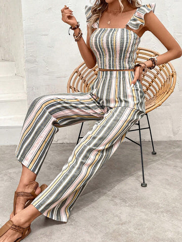 Striped Print Ruffle Trim Crop Top & Wide Leg Pants