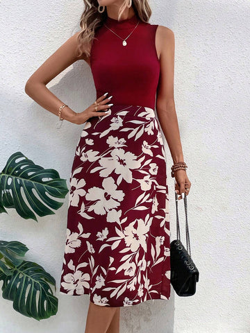 EMERY ROSE Mock Neck Tank Top & Floral Print Skirt