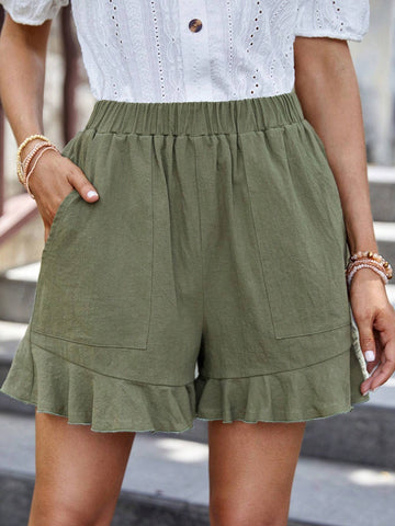 EMERY ROSE Solid Ruffle Hem Wide Leg Shorts