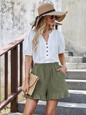 EMERY ROSE Solid Ruffle Hem Wide Leg Shorts