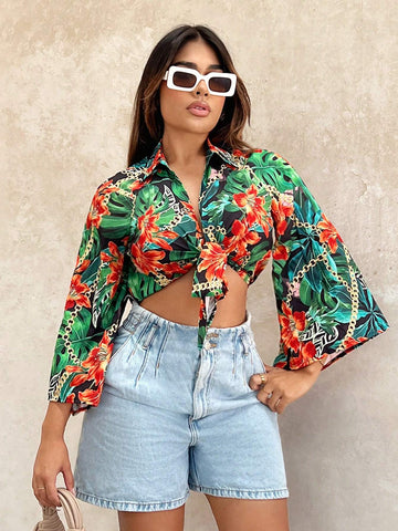 Tropical Print Knot Hem Crop Blouse