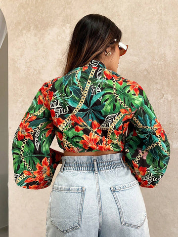 Tropical Print Knot Hem Crop Blouse