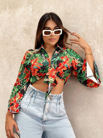 Tropical Print Knot Hem Crop Blouse