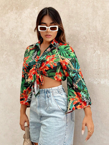Tropical Print Knot Hem Crop Blouse