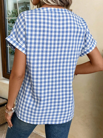 Gingham Print Batwing Sleeve Blouse
