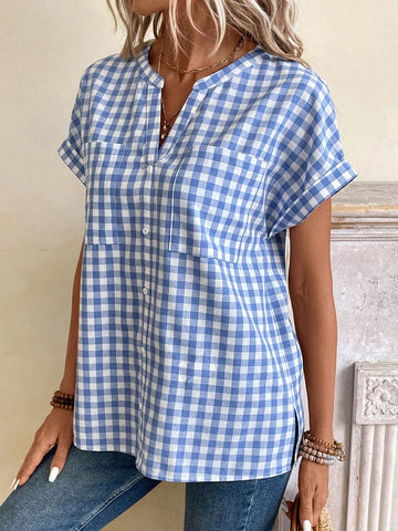 Gingham Print Batwing Sleeve Blouse