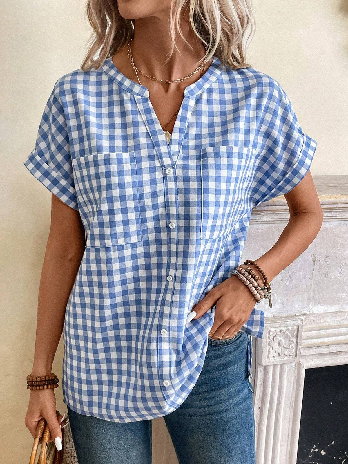 Gingham Print Batwing Sleeve Blouse