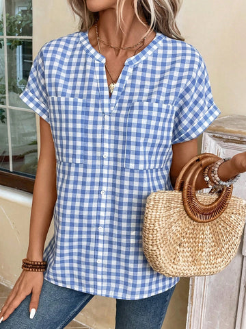 Gingham Print Batwing Sleeve Blouse