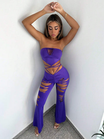 ICON Cut Out Criss Cross Tie Back Ruched Flare Leg Pants