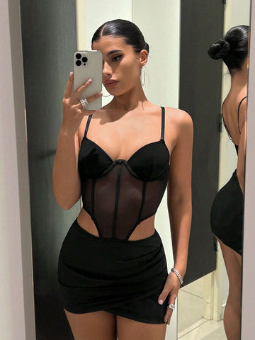 Contrast Mesh Bustier Cami Bodycon Dress