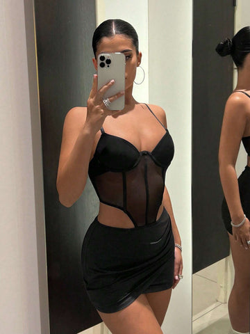 Contrast Mesh Bustier Cami Bodycon Dress