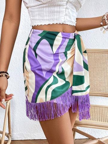 VCAY Allover Print Fringe Trim Tie Side Wrap Hem Skirt
