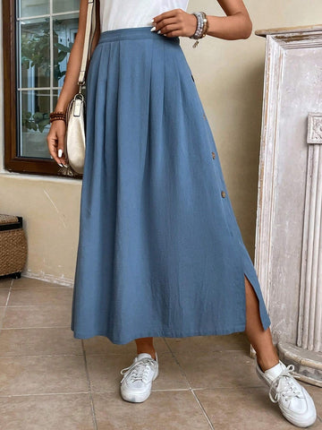 EMERY ROSE High Waist Button Side Fold Pleated Detail Skirt