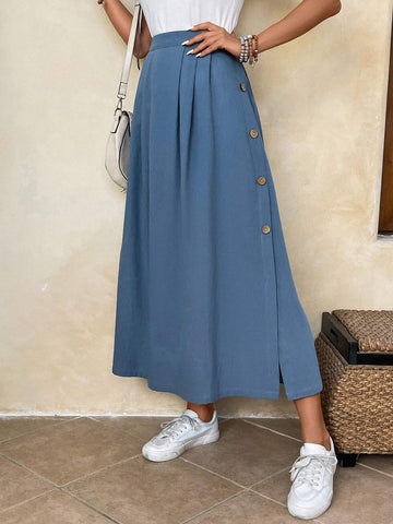 EMERY ROSE High Waist Button Side Fold Pleated Detail Skirt