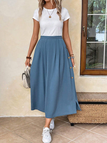 EMERY ROSE High Waist Button Side Fold Pleated Detail Skirt