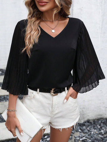 Solid Pleated Flounce Sleeve Blouse