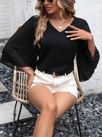Solid Pleated Flounce Sleeve Blouse
