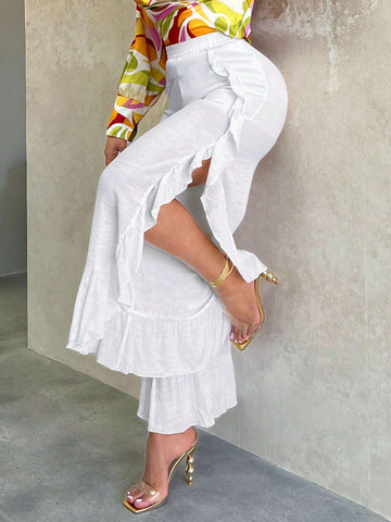 SXY Ruffle Trim Split Thigh Pants