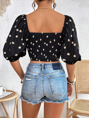 Floral Print Sweetheart Neck Puff Sleeve Crop Blouse