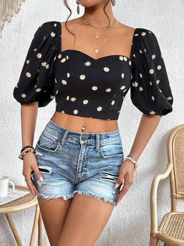 Floral Print Sweetheart Neck Puff Sleeve Crop Blouse