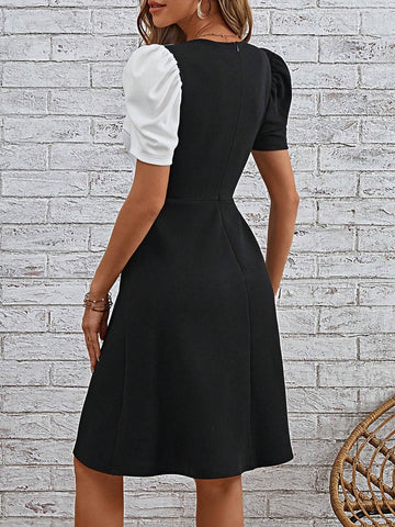 EMERY ROSE Two Tone Contrast Sequin Puff Sleeve Dress