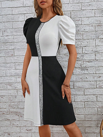 EMERY ROSE Two Tone Contrast Sequin Puff Sleeve Dress