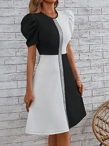 EMERY ROSE Two Tone Contrast Sequin Puff Sleeve Dress