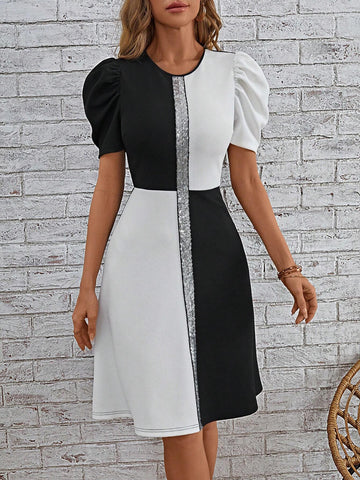 EMERY ROSE Two Tone Contrast Sequin Puff Sleeve Dress