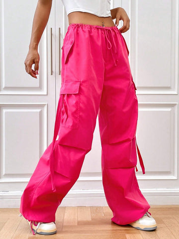 EZwear Flap Pocket Side Drawstring Waist Cargo Pants