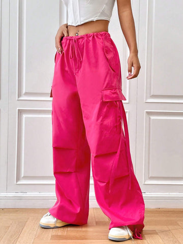 EZwear Flap Pocket Side Drawstring Waist Cargo Pants