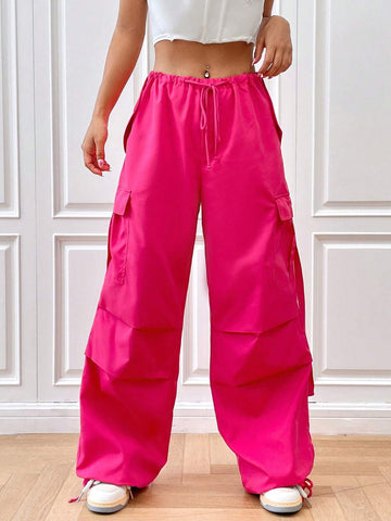 EZwear Flap Pocket Side Drawstring Waist Cargo Pants