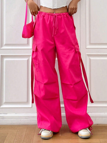 EZwear Flap Pocket Side Drawstring Waist Cargo Pants