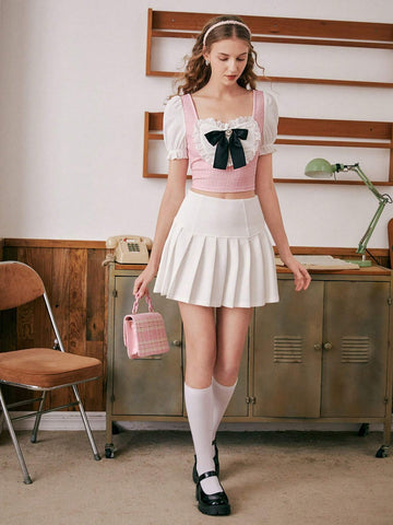 Bow Front Eyelet Embroidery Puff Sleeve Blouse