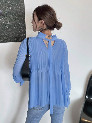 Solid Mock Neck Raglan Sleeve Blouse