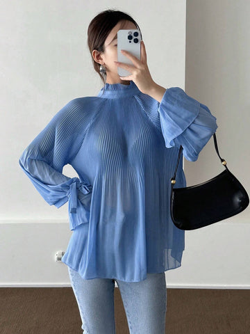 Solid Mock Neck Raglan Sleeve Blouse