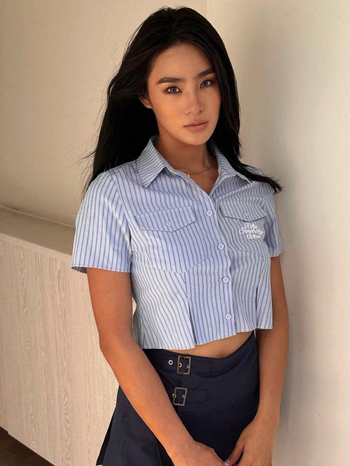 Striped Print Flap Pocket Crop Shirt