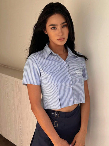 Striped Print Flap Pocket Crop Shirt