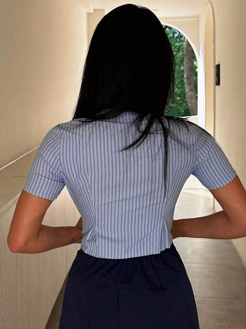 Striped Print Flap Pocket Crop Shirt