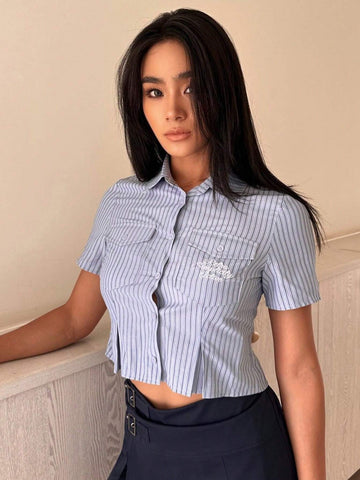 Striped Print Flap Pocket Crop Shirt