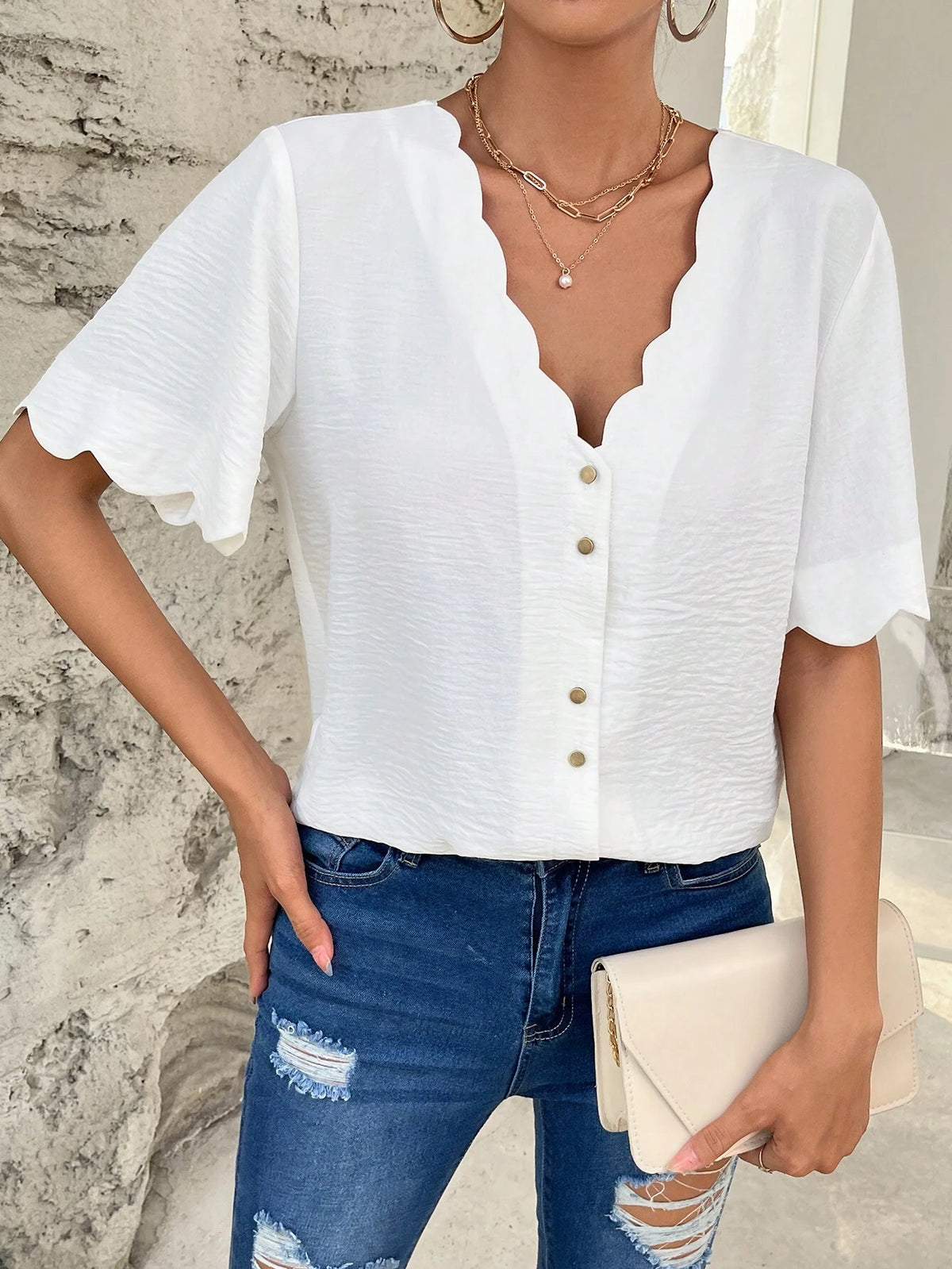 Scallop Trim Button Front Blouse