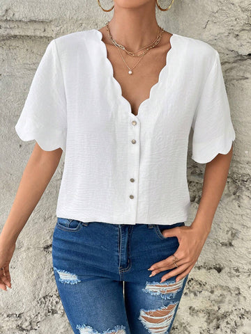 Scallop Trim Button Front Blouse