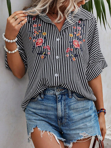 Striped & Floral Embroidery Batwing Sleeve Shirt