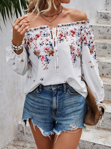 Off Shoulder Knot Front Flounce Sleeve Blouse