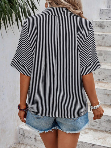 Striped & Floral Embroidery Batwing Sleeve Shirt