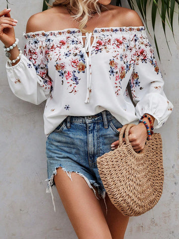 Off Shoulder Knot Front Flounce Sleeve Blouse